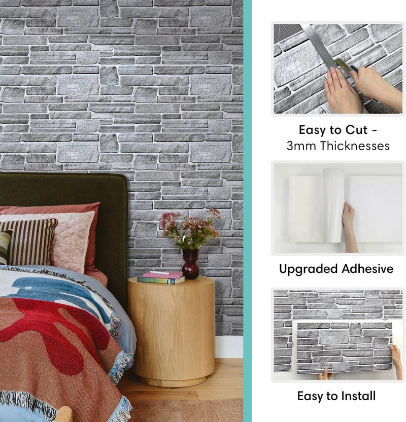 Commomy 12pcs Faux Stone 3D Wall Panels Peel and Stick - 22.8" x 11.8" Thin & UrltraLight Stone Textured Wall Panel for Interior Tile Kitchen, Bedroom,Living Room,TV Background,RV (Covers 22.48 sq.ft) - Image 4